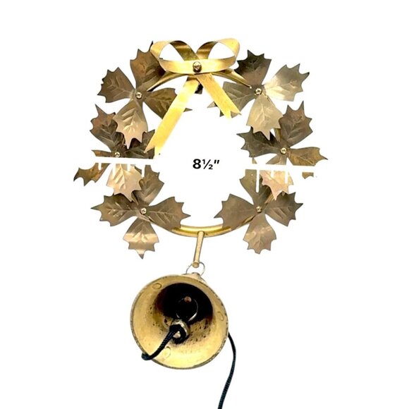 Vintage Brass Wreath With Bell & Bow Design Wall Or Door Hanging Decor - Picture 5 of 6